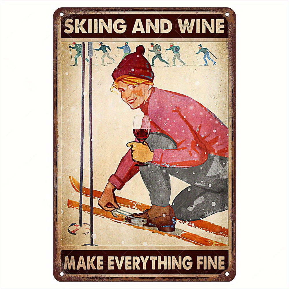 Home Gym Wall - Skiing and Wine Vintage Metal Tin